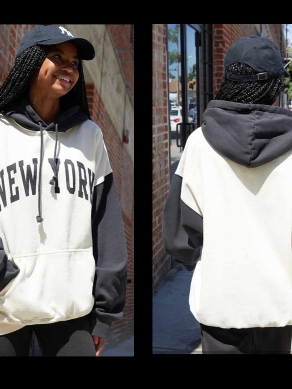 John Galt New York Colorblock Hoodie Cream Black Oversized Brandy Melville Y2K